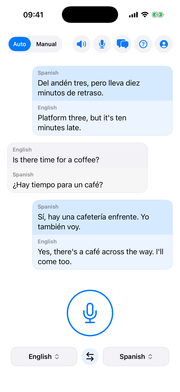 LinkVoice on an iPhone: an English and Spanish conversation shown as a two-sided chat, each sentence with its translation underneath, and the microphone button below.